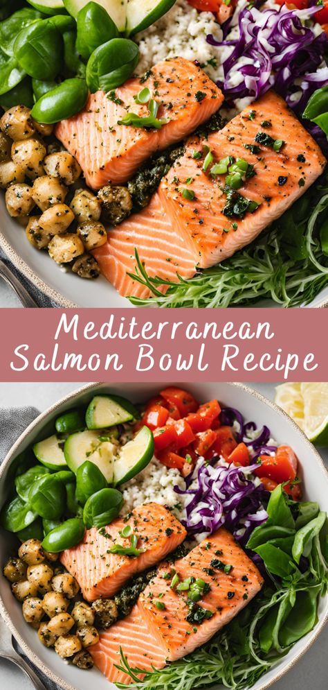 Mederteranian Bowls, Mediterranean Salmon Bowl, Mediterranean Diet Salmon, Salmon Bowl Recipe, Mediterranean Salmon, Mediterranean Bowls, Mediterranean Flavors, Mediterranean Meals, Marinated Salmon