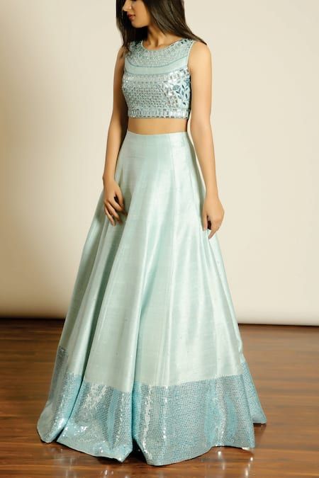 Buy Blue Raw Silk Embroidery Crystals Sequin Galore Crop Top With Lehenga For Women by Pooja Peshoria Online at Aza Fashions. Traditional Top Design, Sleeve Less Lehenga, Lehenga Blouses For Women, Skirts With Crop Tops Outfit, Sleeveless Choli Blouse Designs, Saree To Skirt And Top, Lehenga Designs Sleeveless, Broad Border Blouse Designs, Designer Crop Top Lehenga Wedding