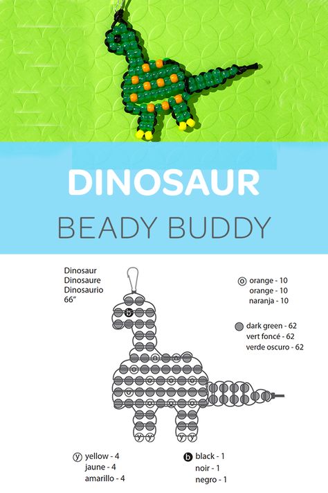 Free Pony Beads Animal Patterns | Make this Pony Bead Dinosaur. It's great for kids to make for backpack, key chain or decoration.This dinosaur bead crafts with step by step instructions are the perfect fun DIY projects for kids.  #ponybeads #kidcraftideas #kidcrafts Making Bead Animals, Diy Pony Bead Animals, Mini Pony Bead Patterns, Bead Animals Patterns Easy Tutorial, How To Make Pony Bead Animals, Easy Bead Animals, Beaded Patterns Free, Dino Bead Pattern, Pony Bead Crafts Keychains Patterns