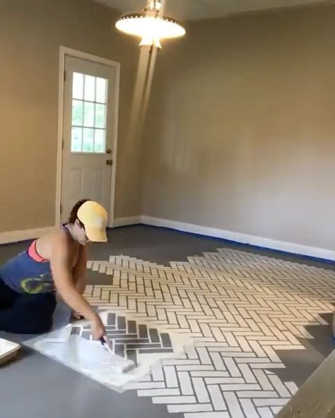 Brick Stencil, Herringbone Stencil, Herringbone Brick Floor, Herringbone Brick, Floor Stencil, Herringbone Tile Floors, Brick Floor, Floor Makeover, Painting Tile Floors