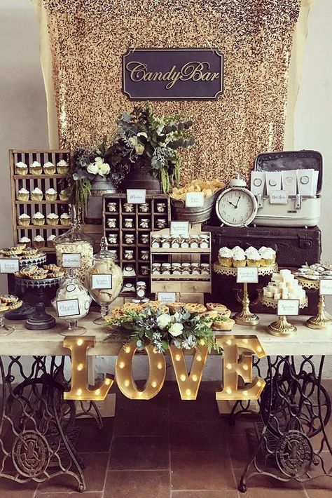 wedding dessert table ideas vintage modern vintage gold candy bar kamalion #ModernWeddingIdeas Vintage Wedding Candy Bar, Gold Candy Bar, Wedding Dessert Table Ideas, Vintage Dessert Tables, Wedding Candy Table, Dessert Table Ideas, Dessert Stands, Modern Wedding Theme, Chandelier Cake