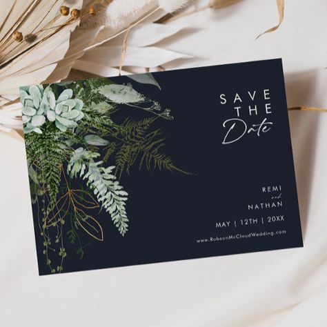 Greenery And Gold Leaf Script Dark Navy Horizontal Save The Date #zazzle #weddinginvitations #birthdayinvitations #babyshowerinvitations #zazzleinvitations #monogram #businesscards #graduation #homedecor Rustic Bohemian Wedding, Rustic Wedding Save The Dates, Gold Save The Dates, Forest Theme Wedding, Rustic Save The Dates, Minimal Gold, Whimsical Watercolor, Dark Wedding, Gold Invitations