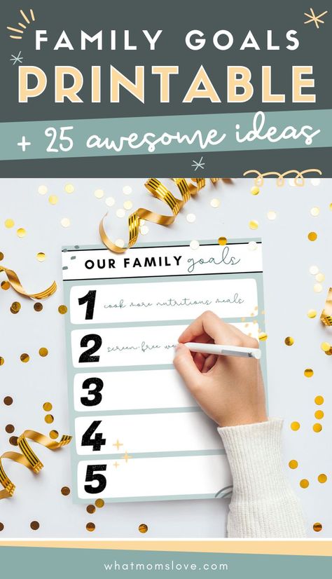 Forget individual New Year's Resolutions, try these fun family goals instead! Get 25 of the best family goal examples + a FREE Printable Goals Template! Family New Year Resolutions Goal Settings, Family Resolutions Printable, Kid New Years Resolutions, 2024 Family Goals, Kids Goals For New Year, Family New Years Resolution Ideas, Family Goals Printable, Family Goal Setting, Family Resolutions