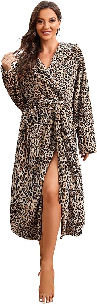 HEARTNICE Womens Hooded Fleece Robe, Soft Bathrobe for Womens,Cute Long House Coat (Leopard Print Hooded, L/XL) at Amazon Women’s Clothing store