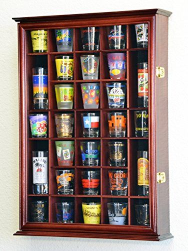 31 Shot Glass Shooter Display Case Holder Cabinet Wall Rack Cherry * You can get more details by clicking on the image. Shot Glass Display, Shot Glasses Display, Molding Design, Mini Liquor Bottles, Hardwood Doors, Glass Display Case, Cabinet Wall, Header Design, Brass Hinges