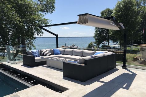 Freestanding Retractable Canopy, Lake Simcoe - ShadeFX Cascading Deck, Lake Simcoe, Pool Canopy, Retractable Shade, Pool Shade, Outdoor Renovation, Lakefront Living, Swimming Pool Tiles, Cloud Fabric