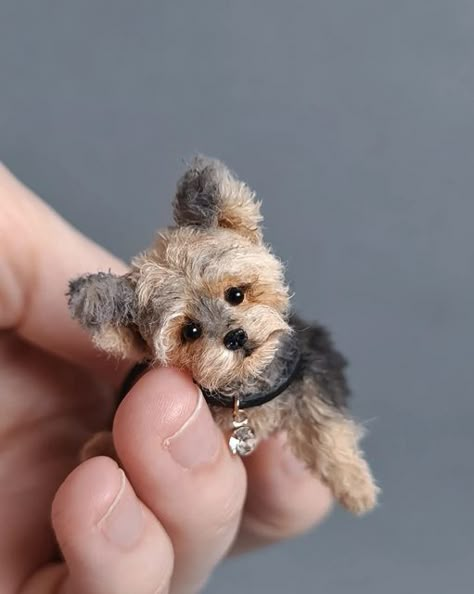 Brown,  gray, and cream miniature Puppy Cute Dog Crafts, Amigurumi Dog Free Pattern, Crochet Amigurumi Dog, Yorkshire Puppies, Pipe Cleaner Animals, Chenille Crafts, Dog Amigurumi, Miniature Knitting, Miniature Dog