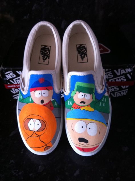 South Park Vans by VeryBadThing.deviantart.com on @deviantART South Park Shoes, Cartoon Vans, Vans Shoes Fashion, Vans Custom, Custom Vans Shoes, Vans Slip On Shoes, Painted Canvas Shoes, Painted Vans, Custom Shoes Diy