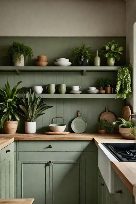 Serene Kitchen, Cabinets And Open Shelving, Sage Green Cabinets, Kitchen Cabinet Color, Vintage Kitchen Remodel, Cabinet Trends, Sage Kitchen, Update Kitchen Cabinets, Kitchen Cabinet Trends