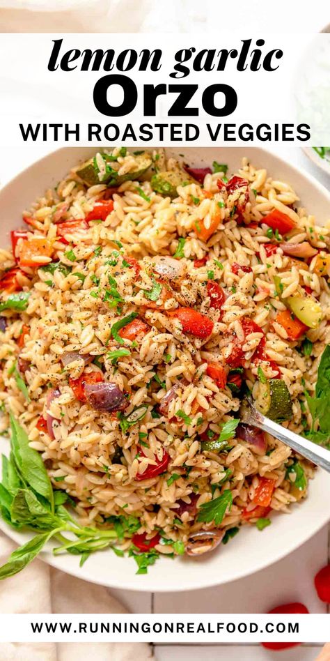 An easy vegan recipe for orzo with savory herb roasted vegetables in a zesty garlic lemon dressing. Enjoy this pasta hot or as a cold pasta salad – both ways are delicious! Healthy Orzo Salad Recipes, Orzo Vegetable Recipes, Orzo And Veggie Recipes, Whole Wheat Orzo Recipes, Veggie Orzo Recipes, Vegan Orzo Salad, Orzo And Broccoli Recipe, Pasta Salad Orzo, Orzo Vegan