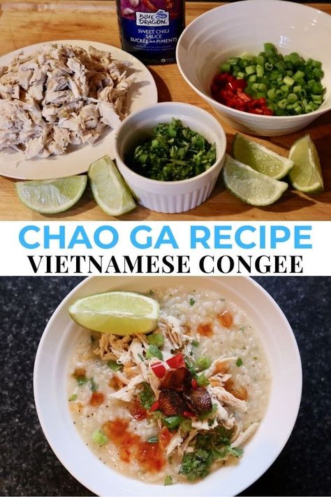 Learn how to make the best traditional Chao Ga. Our quick and easy Vietnamese Rice Porridge is the ultimate comfort food breakfast bowl recipe. Similar to congee, Vietnamese Chao Ga is enjoyed as a morning meal. The simple and healthy dish features rice cooked in chicken broth. Chao Ga is garnished with flavourful toppings such as lime wedge, fresh herbs, garlic chips, shredded chicken and sweet chili sauce. Rice Porridge Breakfast, Rice Porridge Recipe, Chao Ga, Vietnamese Breakfast, Porridge Breakfast, Healthy Rice Recipes, Costco Chicken, Vietnamese Rice, Vietnamese Soup