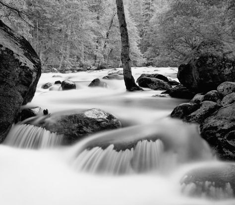 John Sexton - Merced River, Happy Isles, Yosemite Valley, California Yosemite Photos, Merced River, Photo Techniques, White Landscape, Photography Shoot, Popular Photography, Black And White Photograph, Yosemite Valley, Photography Education