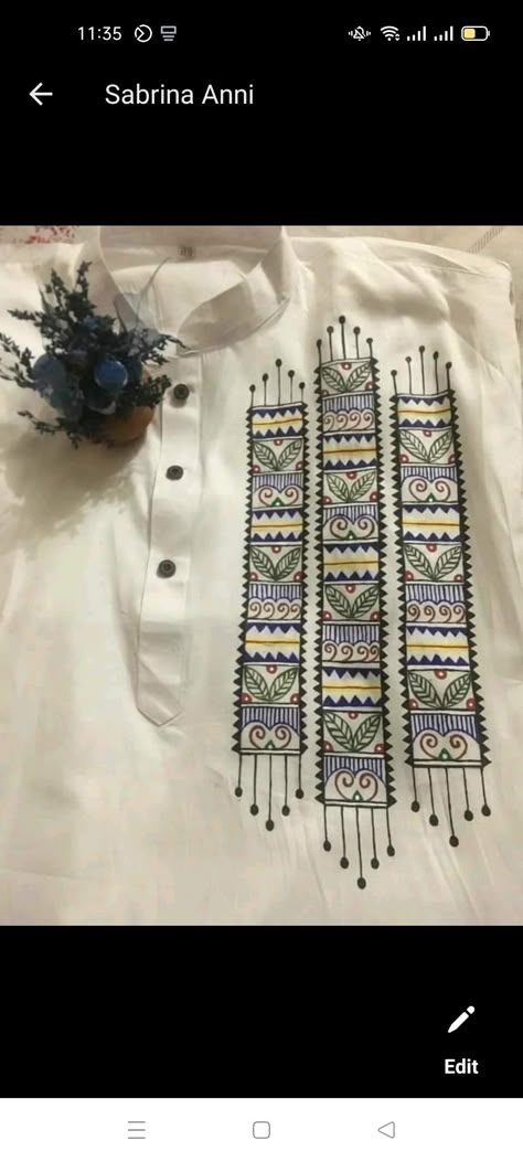 Hand Painted Table Cloth Ideas, Hand Painted Panjabi For Men, Panjabi Art Design For Men, Punjabi Fabric Design, Fabric Paint Shirt Ideas Design, Painting On Kurta For Men, Kurti Painting Ideas, Hand Painted Punjabi For Men, Panjabi Fabric Painting