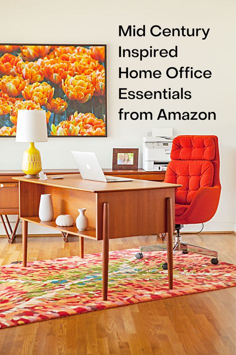 Make your home office space stylish with these Mid Mod inspired picks from Amazon. Mid Century Modern Boho Office, Mid-century Home Office, Mid Century Modern Home Office Design, Mcm Office Decor, Mid Century Modern Desk Setup, Office Mid Century Modern, Mcm Office Ideas, Mcm Home Office, Home Office Mid Century Modern