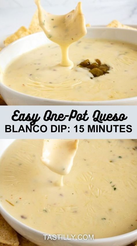 Creamy and spicy Queso Blanco Dip is easy and quick to make with only 5 basic ingredients, which you can change to your liking. Melted white Amercian cheese and green chiles along with heavy cream make the perfect melty base for anything else you want to add! Queso Recipe Easy, Queso Blanco Dip, White Queso Dip, Spicy Queso, Queso Dip Recipes, Delicious Dips Recipes, Queso Recipe, Green Chiles, Appetizers Easy Finger Food