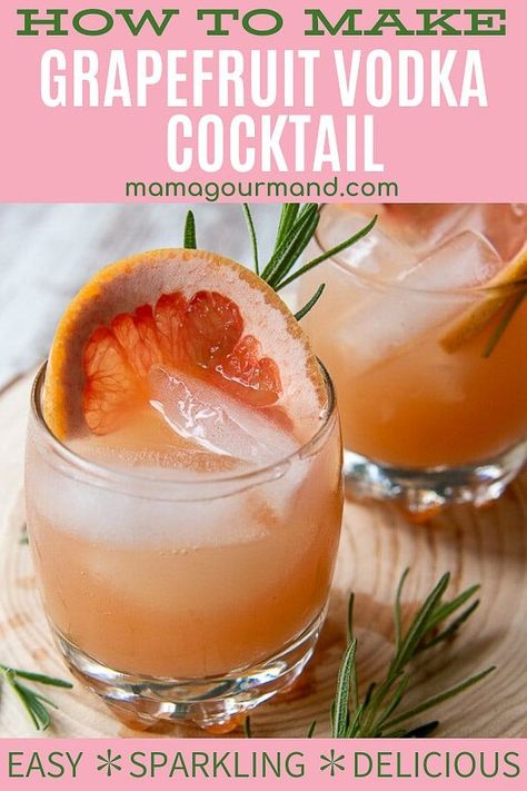 Sparkling Grapefruit Vodka Cocktail recipe combines fresh ruby red grapefruit juice, tangy grapefruit vodka, and a sparkling fizz. A grapefruit cocktail nails the perfect refreshing, tangy taste and is also easy to make! #grapefruitvodkacocktail #grapefruitcocktail #sparkling #grapefruitvodka Mamagourmand Recipes, Cocktail Nails, Norway Food, Grapefruit Vodka, Grapefruit Cocktail, Cocktail Appetizers, Ruby Red Grapefruit, Vodka Cocktails Recipes, Vodka Cocktail