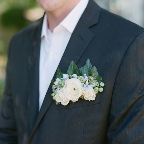 Sarah C. Brown Designs on Instagram: “One of my favorite things to do, when it comes to boutonnières is to create the pocket boutonnière for the groom. He deserves to stand out…” Groom Pocket Flowers, White Pocket Boutonniere, Pocket Boutonniere, Green Pocket Square, Biltmore Wedding, Bridal Bouquet Summer, Sarah C, Pocket Square Wedding, Ceremony Arch