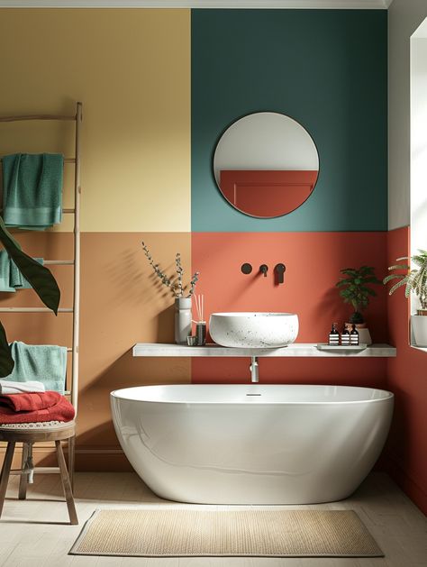 75 Trending Bathroom Paint Colors for a Modern Look Bathroom Accent Wall Color, Bold Bathroom Paint Colors, Restroom Color Ideas Paint, Top Bathroom Paint Colors, Bright Color Bathroom, Bathroom Paint Finish, Restroom Colors, Orange Bathroom Walls, Bathroom Wall Color