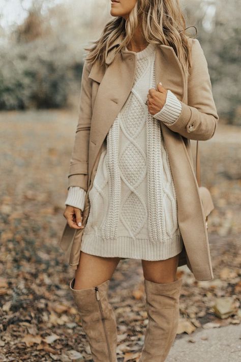 Classic sweater dress, boots and coat look all in Cream Camel Fall Colors | I love this - simple me all over! Comfortable Winter Outfits, Comfy Outfits Winter, Fall Fashion Coats, Sweater Dress Outfit, Winter Fashion Outfits, Fall Winter Outfits, Womens Fashion Trends, Outfits Casuales, Comfy Outfits