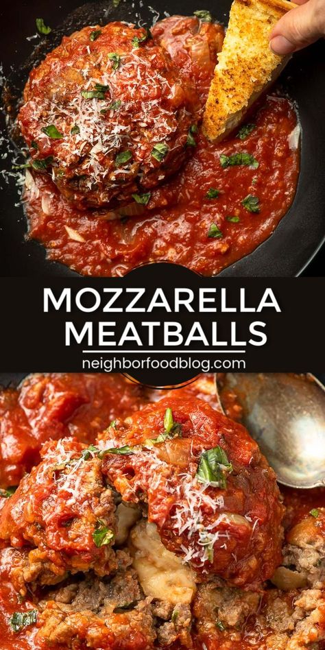 Giant Meatballs stuffed with mozzarella cheese and served with an easy homemade marinara recipe! This is the perfect dinner party appetizer or cozy, romantic dinner for two! Giant Meatballs, Meatballs Stuffed With Mozzarella, Dinner Party Appetizer, Dinner Party Appetizers, Stuffed Meatballs, Mozzarella Stuffed Meatballs, Meal For Two, Marinara Recipe, Cozy Romantic