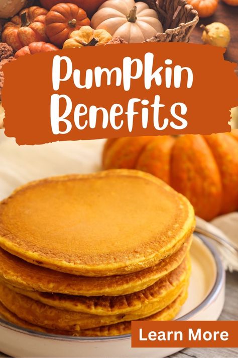 Pumpkin benefits include immune system, heart, eye, skin, weight management, blood sugar, mood, stress and more. This article explains each pumpkin health benefit in detail and includes a breakdown of nutrients, vitamins, minerals and antioxidants. Pumpkin Benefits, Pumpkin Breakfast Recipes, Fall Recipes Breakfast, Pancakes Pancakes, Pumpkin Pancake Recipe, Pumpkin Breakfast, Pancakes Breakfast, Family Breakfast, Pumpkin Pancakes