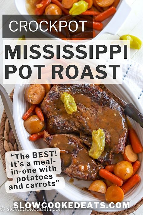 A white oval platter served with crockpot mississippi pot roast with carrots and potatoes. Mississippi Pot Roast Crockpot Recipes, Mississippi Pot Roast With Potatoes, Mississippi Roast Crock Pot, Crock Pot Mississippi Pot Roast, Roast With Potatoes And Carrots, Pot Roast With Potatoes, Crock Pot Dinner, Slow Cooker Mississippi Pot Roast, Roasted Potatoes And Carrots