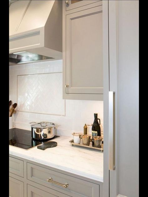 Benjamin Moore Gray Mist 962 Benjamin Moore River Reflections, Benjamin Moore Gray, Herringbone Backsplash, Cabinet Paint Colors, Kitchen Cabinets Decor, Cabinet Color, Paint Colors Benjamin Moore, Kitchen Cabinets Makeover, Home Luxury