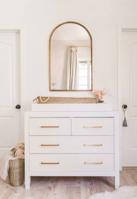 Neutral Nursery Design, Nursery Mirror, Jessi Malay, Nursery Design Neutral, Nursery Interior Design, Wood Crib, Custom Dresser, Nursery Tour, Nursery Changing Table