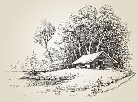 Cabin in the woods. Near river banks hand drawing #Sponsored , #affiliate, #AFFILIATE, #woods, #drawing, #hand, #Cabin Cabin Woods, Old Cabins, Old Cabin, Mountain Drawing, Forest Illustration, Wooden Cabins, Cottage In The Woods, Watercolor Mountains, River Bank