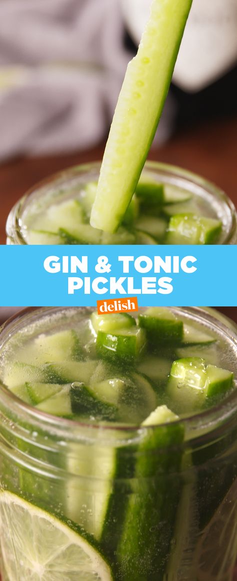 You NEED to know about Gin & Tonic Pickles. Get the recipe at Delish.com. Party Cocktail Recipes, Pickle Vodka, How To Make Pickles, Cocktail Party Food, Party Drinks Alcohol, Gin Cocktail Recipes, Small Cucumber, Homemade Pickles, Pickled Veggies