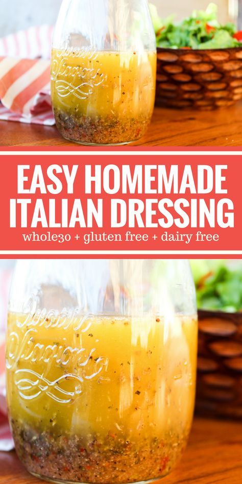 Easy Homemade Italian Dressing is tasty and so very simple! Perfect on a salad or as a marinade. Plus it's Whole30, sugar free, dairy free, and gluten free! Sugar Free Salad Dressing, Easy Homemade Italian Dressing, Sugar Free Dressing, Dairy Free Salad Dressing, Italian Dressing Recipe, Italian Dressing Recipes, Dairy Free Salads, Healthy Dressing, Homemade Italian Dressing