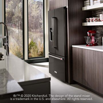 Fridge In Kitchen, Counter Depth Fridge, Combination Wall Oven, Brown Tile, Beige Cabinets, Espresso At Home, Recessed Panel Cabinets, Light Wood Cabinets, Single Wall Oven