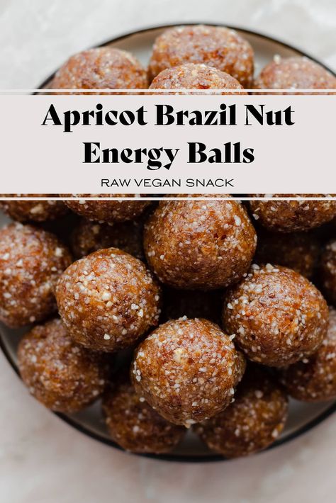 Dried Apricot Brazil Nut Energy Balls - 4 ingredients, 1 bowl, and 30 minutes to make! You'll love these energy balls! They're raw vegan, gluten-free, and absolutely delicious! They're the perfect snack for when you're on the go or a great pre-workout snack. Learn all about the benefits of Brazil Nuts via the link! #driedapricots #brazilnuts Brazilian Nuts Recipes, Brazilian Nuts Benefits, Brazilian Nut Recipes, Benefits Of Brazilian Nut, Brazil Nuts Recipes, Brazil Nut Recipes, Brazil Nuts Benefits, Brazilian Nuts, Raw Vegan Snacks