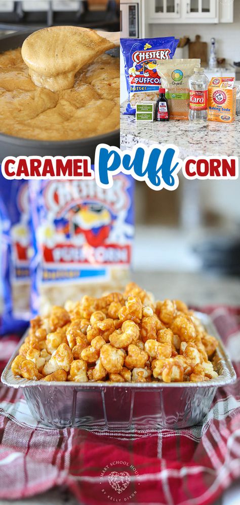 Caramel Cheese Puffs, Caramel Corn With Puff Corn, Caramel Puff Corn Recipe Microwave, Corn Puffs Caramel Corn, Christmas Puff Corn White Chocolate, Puffed Carmel Popcorn, Carmel Corn Puff Recipe, Butter Puff Carmel Corn, Christmas Puffcorn Recipes