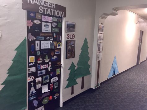 Travel Bulletin Boards, Camping Bulletin Boards, Dorm Hallway, Res Life Bulletin Boards, Dorm Themes, Ra Themes, Res Life, Forest Ranger, Dorm Inspiration