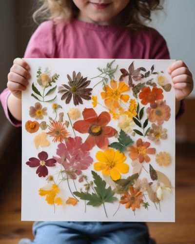 Fun Pressed Leaf and Flower Collage for Kids - Nature-Inspired Art Activity How To Do Pressed Flower Art, Art With Nature Materials, Pressed Flower Crafts For Kids, Nature Collage For Kids, Pressed Leaves Art, Nature Art Activities, Nature Collage Art, Natural Materials Art, Drawing Biology