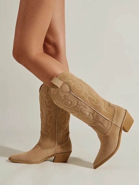 SHEIN Stitch Detail Slip-On Heeled Faux Suede Western Boots | SHEIN USA Suede Western Boots, Botas Cowboy, Kawaii Clothes Goth, Botas Western, Boots 2023, Cow Boy, Crazy Shoes, Wish List, Cowgirl Boots