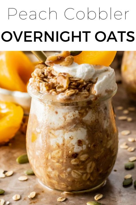 Peach Cobbler Overnight Oats is a healthy make-ahead breakfast that makes meal prepping a breeze! It's delicious, easy, and tastes JUST like peach cobbler! #overnightoats #breakfast Peach Cobbler Overnight Oats Healthy, Peach Overnight Oats Healthy, Peach Cobbler Overnight Oats, Peach Oats, Gluten Free Overnight Oats, Peach Overnight Oats, Oats Recipes Breakfast, Night Oats, Oat Breakfast