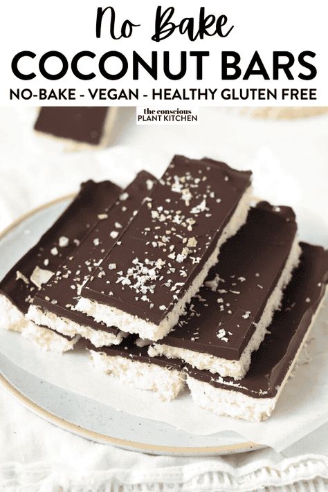 No-bake Coconut Bars Vegan No Bake Cookies, Conscious Plant Kitchen, Almond Joy Bars, Coconut Milk Chocolate, Vegan No Bake, Coconut Chocolate Bars, Almond Flour Cookies, Plant Kitchen, Vegan Dark Chocolate