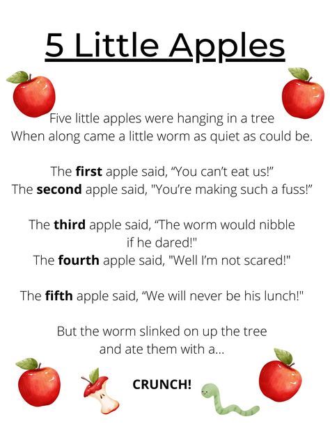 Help your little one boost their early reading and listening comprehension skills as well as retelling abilities with this digital download of our original poem, "Five Little Apples"! This poem helps support rhyming, rhythm, and reading dialogue with expression. Your little one can learn to recite the poem by themselves, act it out as they listen, or retell the poem on their own! THIS IS A DIGITAL DOWNLOAD! If you would like to purchase a hard copy that is dry erase friendly with 5 wooden apples Apple Rhymes Preschool, Apple Songs For Toddlers, 5 Little Apples Song, Apple Poems Preschool, Fall Lesson Plans For Preschool, Books About Apples, Apple Poem, Fall Poetry, Apple Song