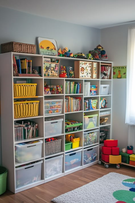 13 Must-See IKEA Kallax Ideas for Every Room - DreamyHomeStyle Bookshelves For Playroom, Kids Toy Storage Playroom, Shelves For Playroom, Organized Homeschool Room, Toddler Toy Storage Bedroom, Kids Bedroom Wall Storage, Kid Room Storage Ideas, Playroom Kallax Ideas, Ikea Room Kids