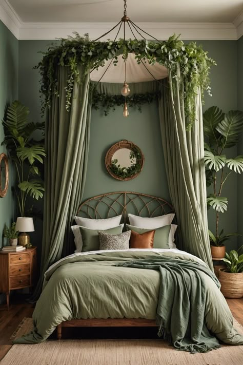 Cool Green Bedroom Ideas, Sage Green Plant Bedroom, Green Bedroom Decoration, Earthy Accent Wall Bedroom, Different Shades Of Green Bedroom, Forest Aesthetic Home Decor, Sage Green Victorian Bedroom, Sage Green Dressing Room, Cottagecore Green Bedroom