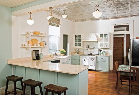 Tin Ceilings Tin Ceiling Tiles Kitchen, Tin Ceiling Kitchen, Kitchen Ceiling Tile, Painted Wood Floor, Kitchen Ceiling Ideas, Small Breakfast Table, Pressed Metal Ceiling, Pressed Tin Ceiling, Vintage Tin Ceiling Tile