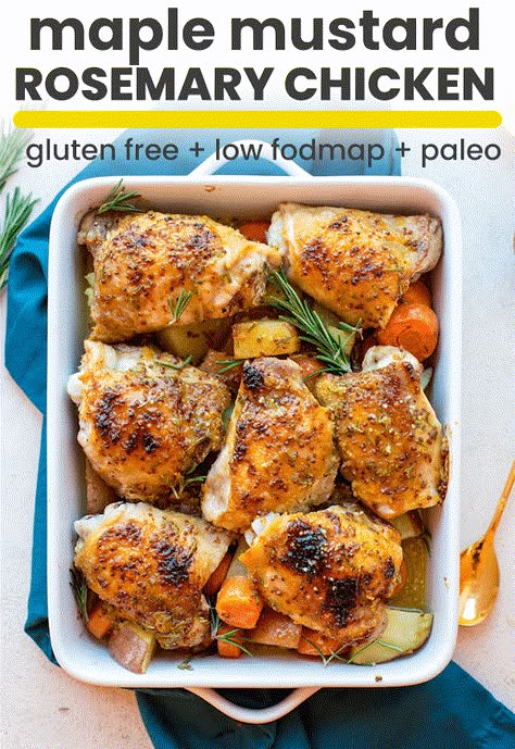 Low FODMAP Maple Mustard Chicken with earthy rosemary, potatoes, carrots and juicy chicken thighs  - a full dinner with only 10 ingredients! | Paleo + Gluten Free Low Fod Map Dinner, Low Fodmap Chicken Recipes, Fodmap Chicken Recipes, Chicken With Rosemary, Maple Mustard Chicken, Crispy Chicken Skin, Fodmap Chicken, Fodmap Recipes Dinner, Low Fodmap Chicken