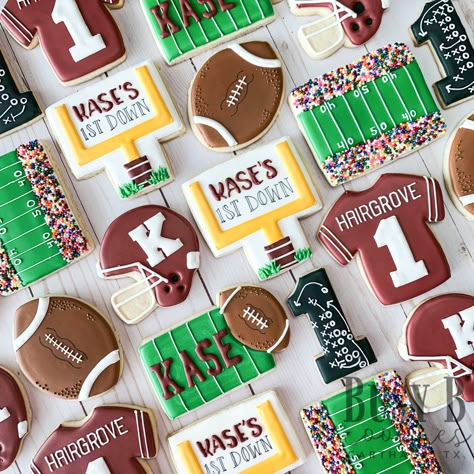 Royal icing football birthday cookies! Football Birthday Cookies, Football Sugar Cookies, Football Themed Birthday Party, Football Theme Birthday, Football First Birthday, First Birthday Cookies, Football Cookies, Boys First Birthday Party Ideas, Football Birthday Party