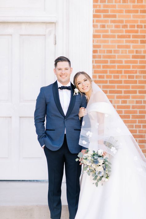 Blue Tux Black Lapel, Wedding Dress With Cathedral Veil, Dark Blue Tux, Navy Tux, Blue Tux, Light Blue Bridesmaid Dresses, Light Blue Bridesmaid, Off The Shoulder Wedding Dress, Modern Chic Wedding