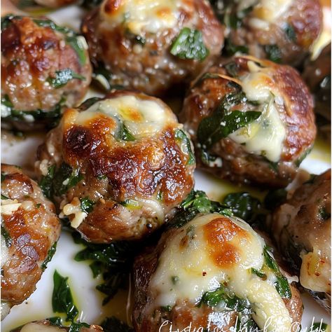 Spinach Garlic Meatballs Stuffed With Mozzarella Recipe, Mozzarella Stuffed Slow Cooker Meatballs, Cheese Stuffed Meatloaf Balls, Spinach Garlic Meatballs With Mozzarella, Mushroom Stuffed Meatballs, Spinach Meatballs Beef, Parmesan Crusted Meatballs, Garlic Parm Meatballs, Meatballs With Dipping Sauce