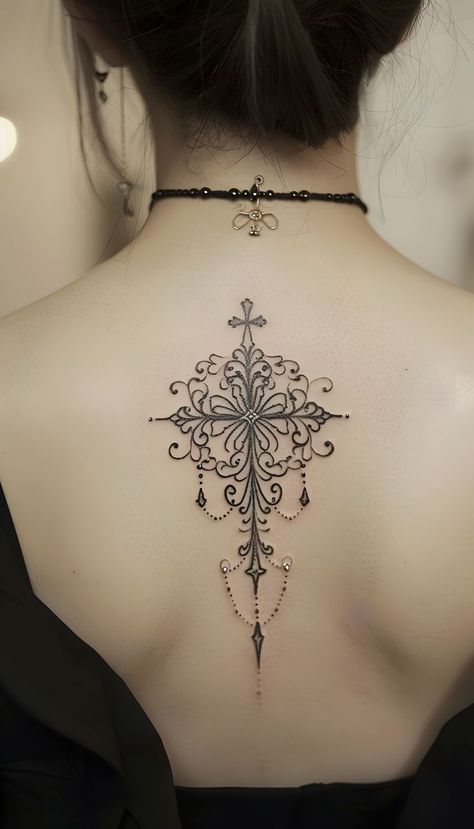 A vintage-inspired cross tattoo with ornate filigree details, offering a bold and timeless design for women looking to make a statement on their back. Filigree Tattoo Women, Tattoo Ideas For Women Back, Cross Tattoo Ideas, Catholic Tattoos, Filigree Tattoo, Women Back, Meaningful Tattoo, Tattoo Ideas For Women, Tat Ideas