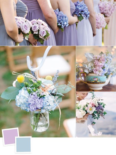 Cool colors like purple and blue are good for creating a calm and relaxed feel for your wedding reception. Lilac and dusty blue give off a romantic vibe and pair perfectly with neutrals or metallics. Wedding Flower Guide, Wedding Color Combos, Wedding Color Trends, Wedding Colors Purple, Lilac Wedding, Blue Themed Wedding, Wedding Colors Blue, Dusty Blue Weddings, Lavender Wedding