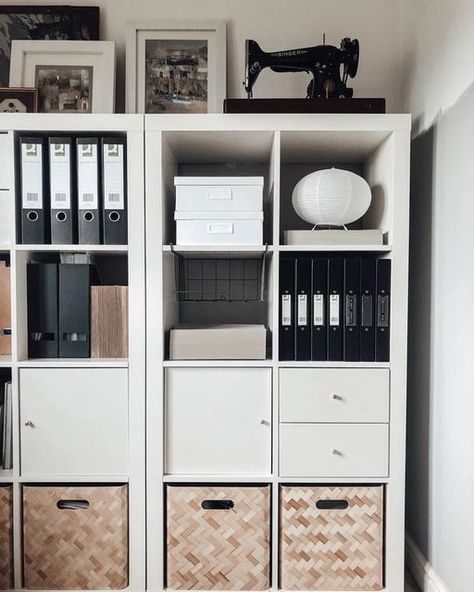 Office Storage Ideas Ikea, Kallax Styling Office, Craft Room Small Space Ideas, Ikea Hacks Office Ideas, Ikea Kallax Organization, Kallax Office Ideas, Kallax Home Office, Ikea Craft Room Storage, Kallax Office